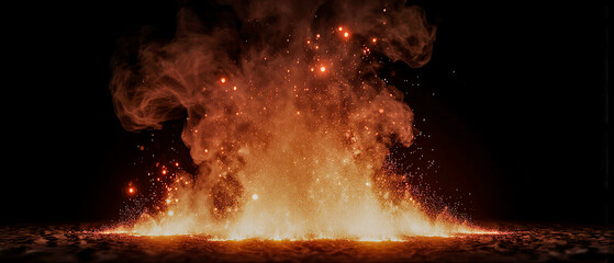 Rising fiery embers and sparks drift through smoky darkness, producing a cinematic, intense, and glowing atmospheric scene.