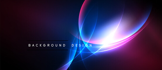 Abstract design features vibrant curves, glowing lines. Dark background enhances bright colors, creating dynamic visual effect.