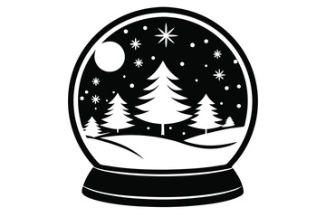 Inverted black and white silhouette presents snow globe with Christmas trees and stars