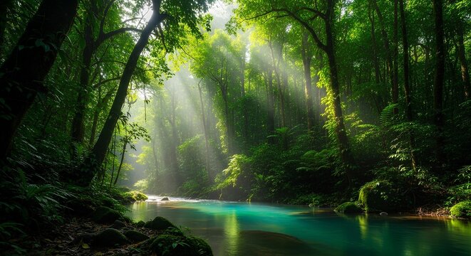 Tropical jungle landscape with sun rays, pristine river, and lush green mossy trees, cinematic, photorealistic.