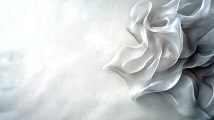 A close-up of flowing, sheer fabric in shades of white and gray, illuminated by soft light that creates subtle shadows and highlights, suggesting movement and e