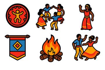 Fototapeta premium Cultural Dance Icons. Isometric vector illustration set Cultural Significance of Dance: ancestral symbol, community circle,