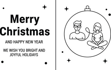 Couple Inside Christmas Bauble Ornament Greeting Card for Happy New Year Vector.