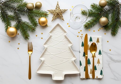 Elegant Christmas Table Setting with Tree-Shaped Plate and Gold Decor