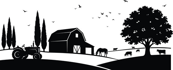 Farm silhouette vector, rural landscape design, barn tractor scene, grazing animals artwork, countryside nature illustration, peaceful agriculture concept graphic © Ideasy Mind