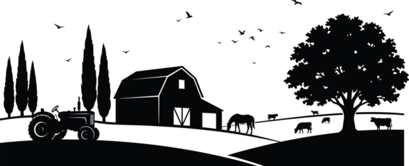 Fotobehang Zwart Farm silhouette vector, rural landscape design, barn tractor scene, grazing animals artwork, countryside nature illustration, peaceful agriculture concept graphic  © Ideasy Mind