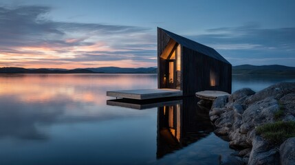 A tiny home situated on a peaceful lakeside with reflections of the structure shimmering on the water The