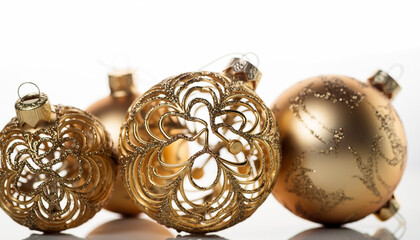 Golden Christmas ornaments with intricate designs and reflective surfaces.