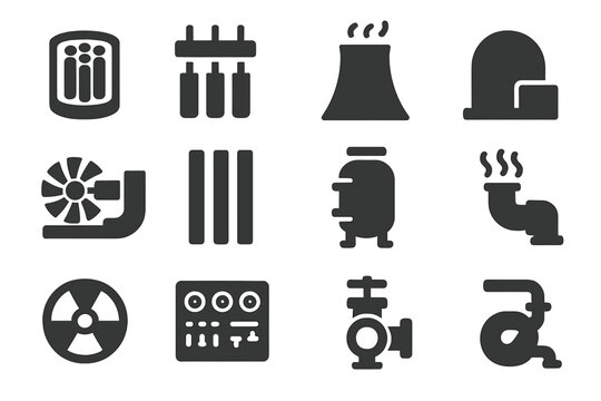 Nuclear Reactor Icons. Solid style icons of nuclear reactors: reactor core, control rods, cooling system, containment building,