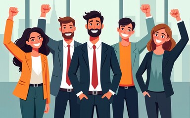 Group of business workers smiling happy. Standing with fists up at the office. The concept of success and luck in business. Illustration for cover, card, postcard, interior design, decor or print.