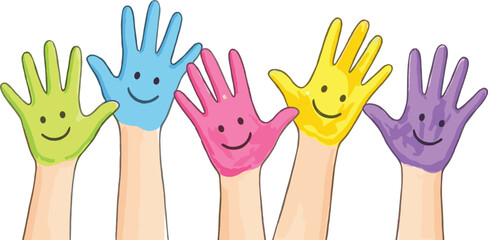 Colorful handprint faces, raised hands vector, happy children design, playful unity artwork, cheerful diversity symbol, creative community illustration