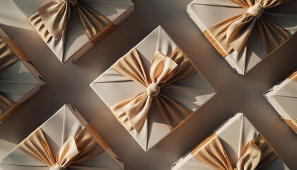 Elegant gift boxes wrapped in light paper with golden satin ribbons and bows, arranged in a grid.