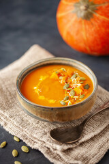 Vegetables  pumpkin soup with ingredients. Dishes, food.