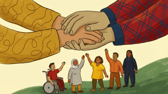 Diverse group of people including individual in wheelchair waving hands under large clasped hands representing unity and support diversity inclusion handshake