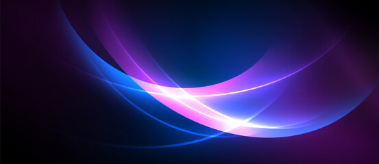 Abstract design features flowing curves, vibrant blues, purples, pinks. Light radiates from central point, creating dynamic visual effect.