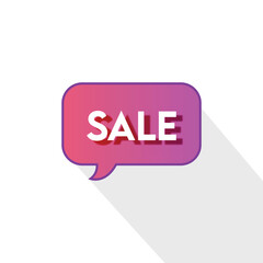 pink gradient sale speech bubble icon with white text and long shadow vector design.