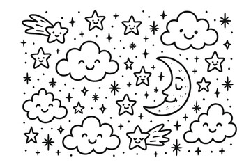 Obraz premium Whimsical Night Sky. Magical doodle sky full of smiling clouds, twinkling cartoon stars, crescent moon with a face, playful comets