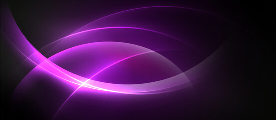 Abstract purple light curves radiate from center. Dark background creates dramatic visual effect. Smooth gradients define shapes.