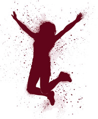 Jumping silhouette, maroon splash design, abstract motion art, energetic pose, dynamic figure, expressive vector, freedom concept, celebration graphic, modern style