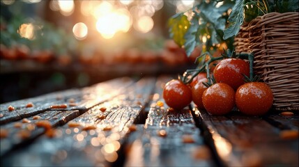 Close-up of ripe, wet tomatoes on a rustic wooden surface next to a wicker basket, with warm sunset light in the background.