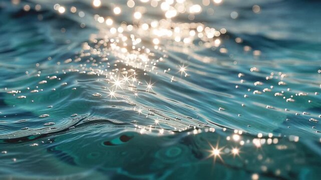 Close-up abstract view of shimmering blue ocean water surface with bokeh sunlight reflections. The texture of the liquid creates a serene and fresh summer background.