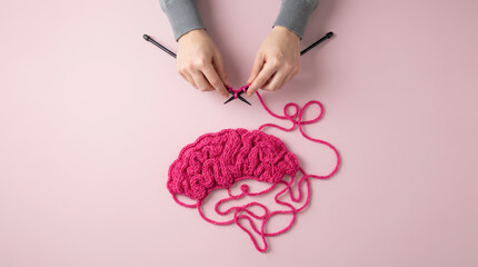 Hands knitting a pink yarn brain shape on a light pink background with knitting needles and loose yarn threads crafting hobby wool creative idea mind thinking