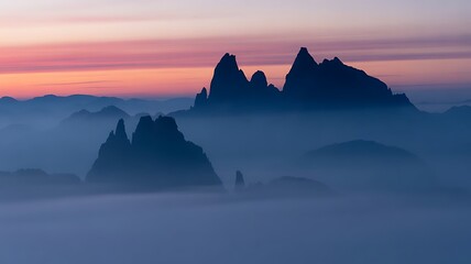 Misty mountain peaks at dawn with vibrant sky colors and ethereal fog