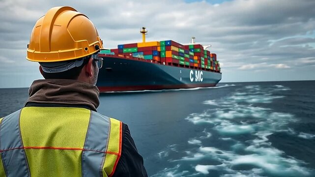 Maritime worker watching a large container ship sailing on the ocean. Cargo vessel transporting goods for global trade. Logistics and supply chain industry concept