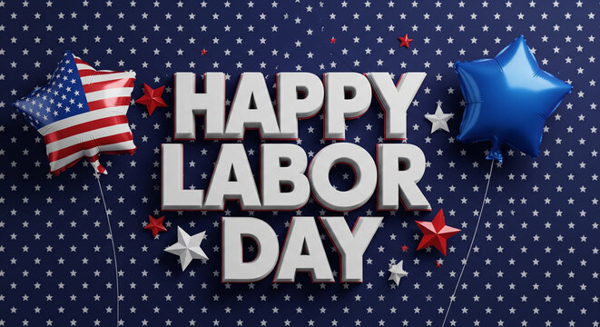 Happy Labor Day 3D Typography with American Flag Balloons and Patriotic Star Background