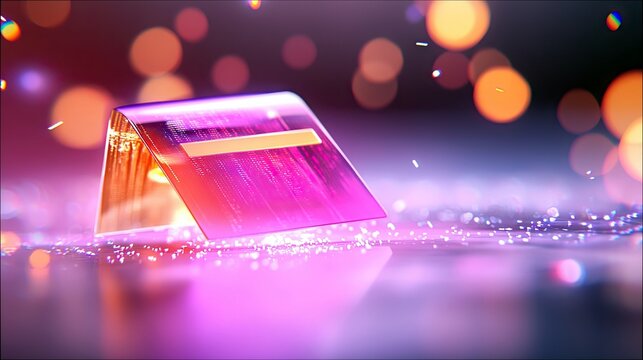 A futuristic foldable smartphone is open and angled, displaying abstract digital data on its screen. The scene is illuminated with vibrant pink and purple neon - Powered by Adobe