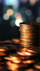 Golden coins reflecting city lights symbolizes financial prosperity and urban wealth accumulation