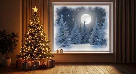 Festive Christmas Tree Illuminates a Cozy Room with a Snowy Night Window View