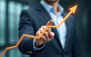 Business development to success and growing annual revenue growth concept, Businessman pointing arrow graph corporate future growth plan. High quality