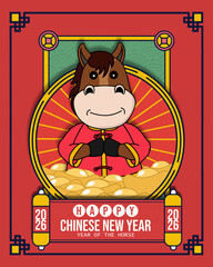 Chinese New Year 2026, Year of the Horse: Vertical, vibrant design of a smiling horse character surrounded by gold ingots, framed by complex traditional borders. Great for social media post.
