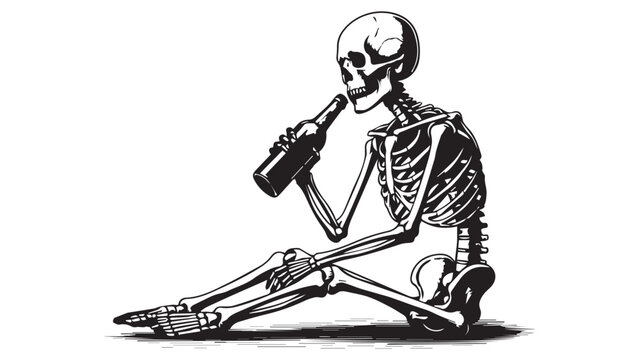 A skeleton sitting and drinking from a bottle, depicted in a black and white illustration.