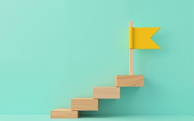 Wooden blocks stairs leading to a yellow flag symbolize success achievement progress and growth on teal background. High quality