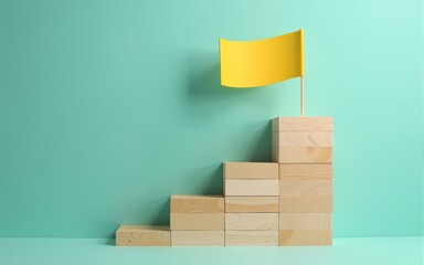 Wooden blocks stairs leading to a yellow flag symbolize success achievement progress and growth on teal background. High quality