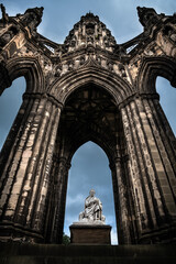 Low Angle View of Scott Monument and Statue under Moody Skies - Edinburgh, Scotland