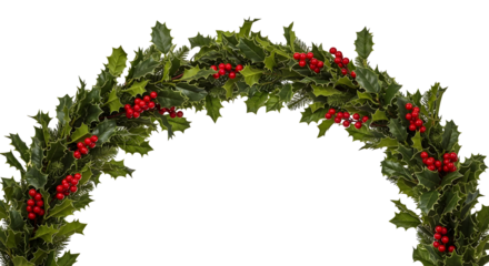 Vibrant Festive Holly Garland Arch with Lush Green Leaves and Bright Red Berries Against a Clean White Background, Ideal for Holiday Season Designs and Celebrations
