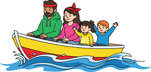 Family boat ride vector illustration, cheerful outing, water waves, togetherness, recreational activity, colorful design, bonding, adventure, summer fun, travel moment