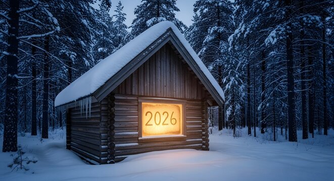 Cozy snow-covered cabin in winter forest with glowing 2026 window