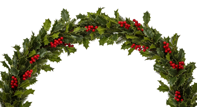 Vibrant Festive Holly Garland Arch with Lush Green Leaves and Bright Red Berries Against a Clean White Background, Ideal for Holiday Season Designs and Celebrations