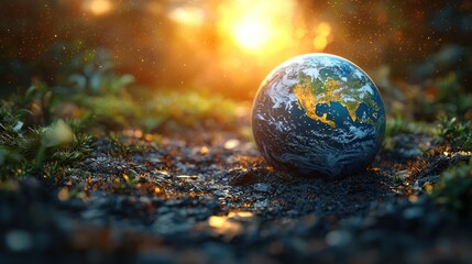 Miniature Earth globe rests on a forest floor with sunlight glowing in the background