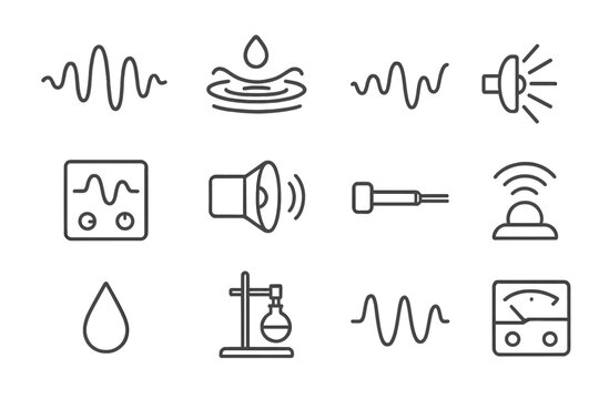 Sound Manipulation Icons. Line style icons of Sound Manipulation: Sound Wave, Standing Wave, Floating Droplet, Anti-Gravity Effect