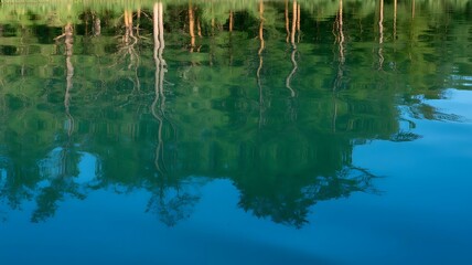 Beautiful reflection of lush green trees in serene blue water