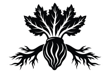 A stylized black and white root vegetable features intricate leaves and roots