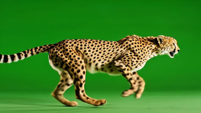 A cheetah running in ultra-slow motion on green screen, showing powerful legs and fluid movement ideal for energetic VFX and action-themed projects