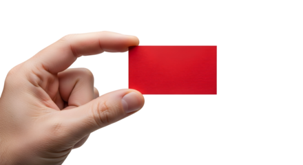 Hand holding a blank red card, isolated on white, a vibrant canvas for custom messages, branding, or creative design. Symbolizing potential and communication opportunity