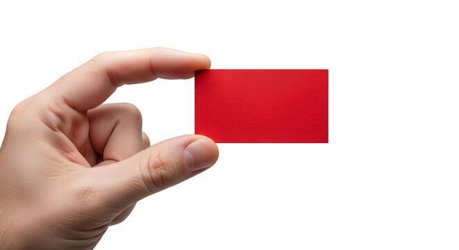 Hand holding a blank red card, isolated on white, a vibrant canvas for custom messages, branding, or creative design. Symbolizing potential and communication opportunity