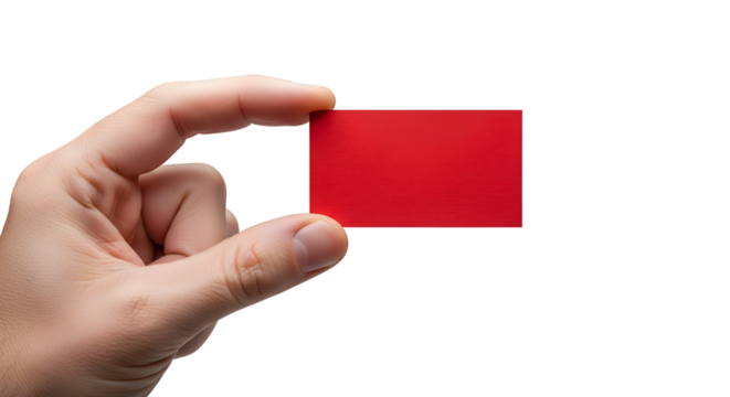 Hand holding a blank red card, isolated on white, a vibrant canvas for custom messages, branding, or creative design. Symbolizing potential and communication opportunity